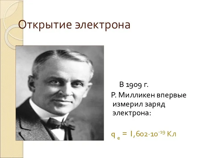 Открытие электрона В 1909 г. Р. Милликен впервые измерил заряд электрона: q e = 1,602·10-19 Кл