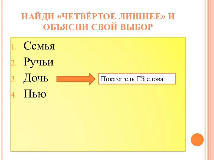 Семья Ручьи Дочь Пью Найди «четвёртое лишнее» и объясни свой выбор Показатель ГЗ слова