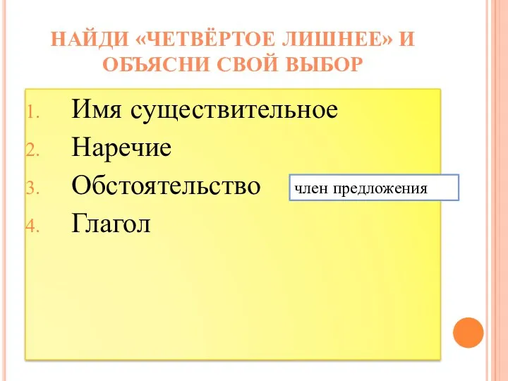 Имя существительное Наречие Обстоятельство Глагол Найди «четвёртое лишнее» и объясни свой выбор член предложения