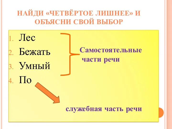 Лес Бежать Умный По служебная часть речи Найди «четвёртое лишнее»