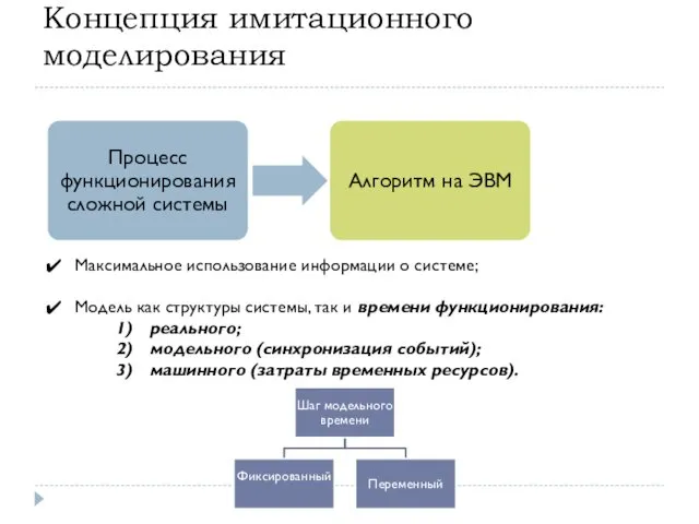 Концепция имитационного моделирования Максимальное использование информации о системе; Модель как