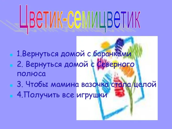 1.Вернуться домой с баранками 2. Вернуться домой с Северного полюса