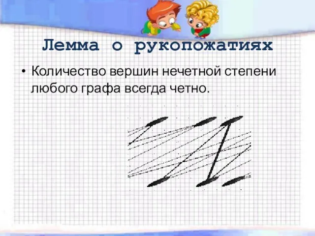 Лемма о рукопожатиях Количество вершин нечетной степени любого графа всегда четно.