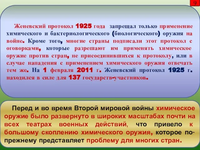 Женевский протокол 1925 года запрещал только применение химического и бактериологического