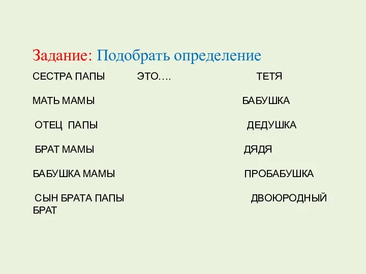 Сестра папы ЭТО…. ТЕТЯ Мать мамы Бабушка Отец папы ДЕДУШКА Брат мамы ДЯДЯ