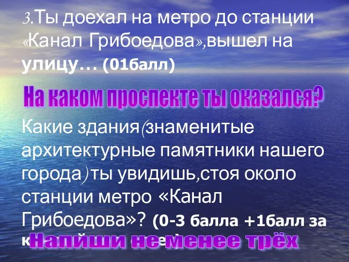 3.Ты доехал на метро до станции «Канал Грибоедова»,вышел на улицу…