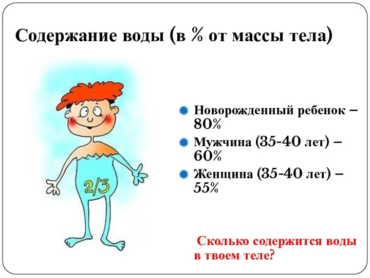 Содержание воды (в % от массы тела) Новорожденный ребенок –