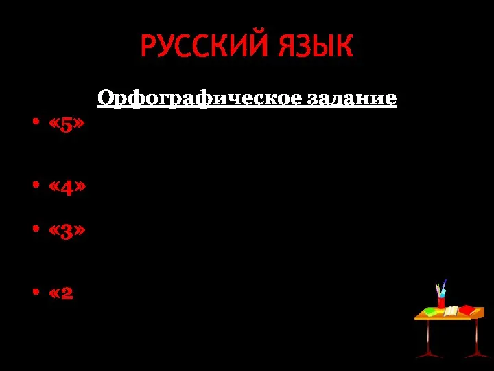 РУССКИЙ ЯЗЫК Орфографическое задание «5» - задание выполнено без ошибок;