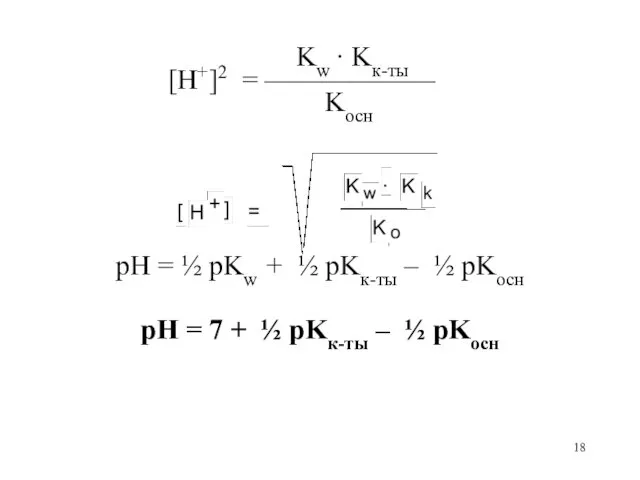 Kw · Kк-ты [H+]2 = —————— Kосн pH = ½