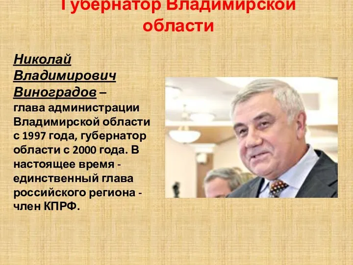 Губернатор Владимирской области Николай Владимирович Виноградов – глава администрации Владимирской