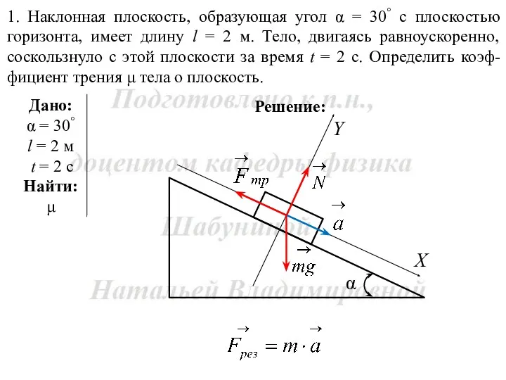 Решение: 1. Наклонная плоскость, образующая угол α = 30° с