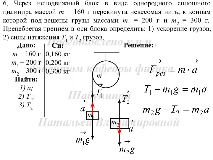 Решение: 6. Через неподвижный блок в виде однородного сплошного цилиндра