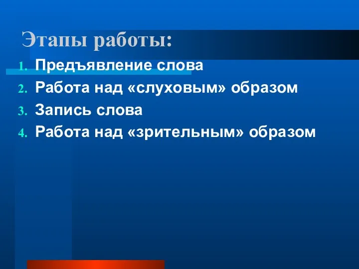 Этапы работы: Предъявление слова Работа над «слуховым» образом Запись слова Работа над «зрительным» образом