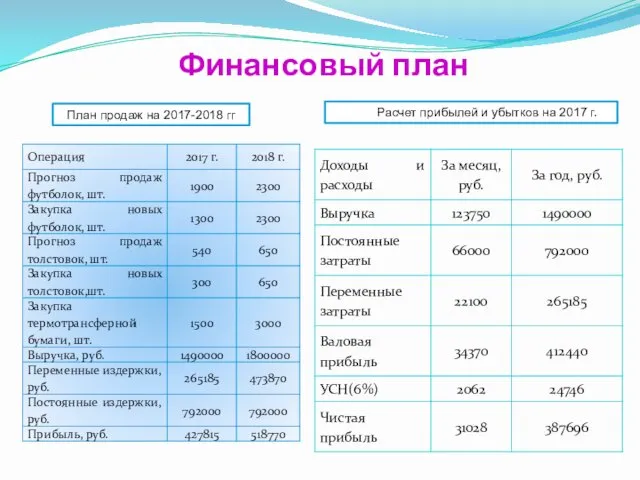 Финансовый план Расчет прибылей и убытков на 2017 г. План продаж на 2017-2018 гг