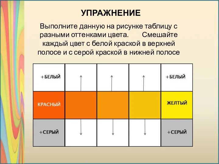 УПРАЖНЕНИЕ Выполните данную на рисунке таблицу с разными оттенками цвета.