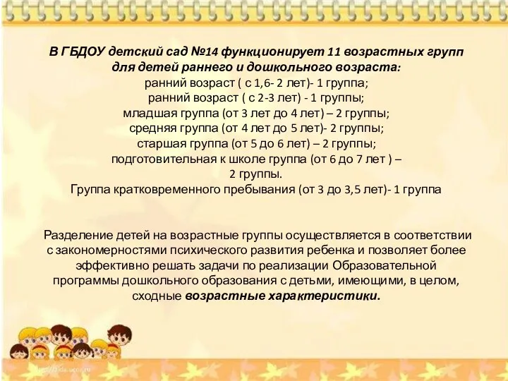 В ГБДОУ детский сад №14 функционирует 11 возрастных групп для детей раннего и