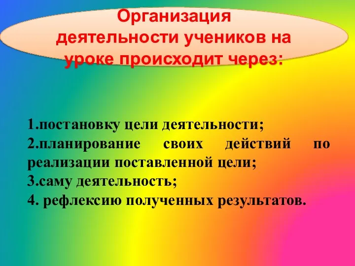 Организация деятельности учеников на уроке происходит через: 1.постановку цели деятельности;