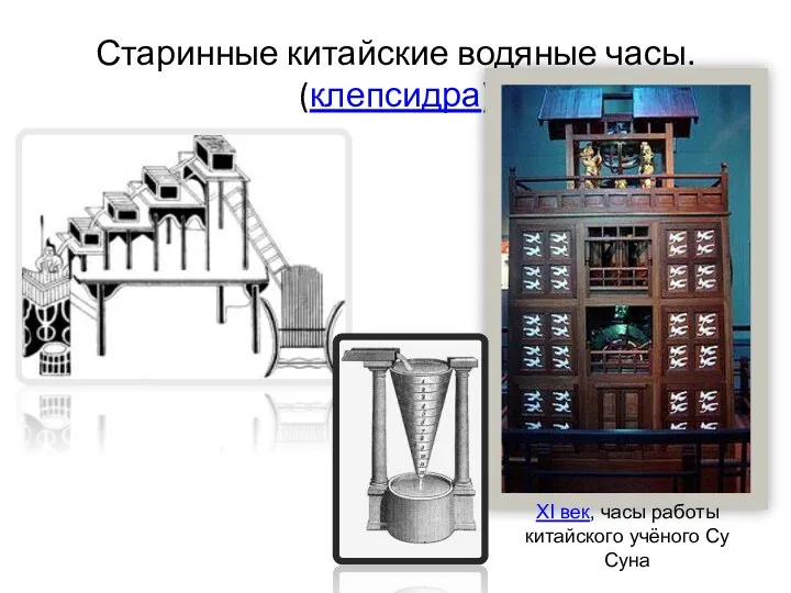 Старинные китайские водяные часы. (клепсидра) XI век, часы работы китайского учёного Су Суна