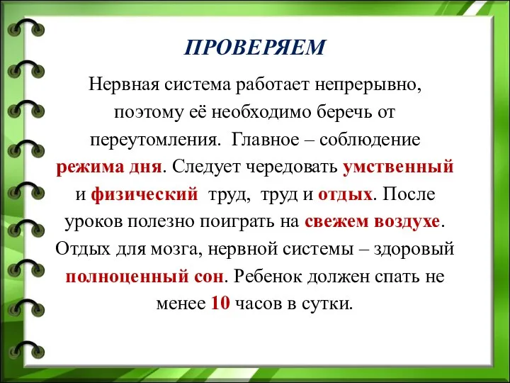 ПРОВЕРЯЕМ Нервная система работает непрерывно, поэтому её необходимо беречь от переутомления. Главное –