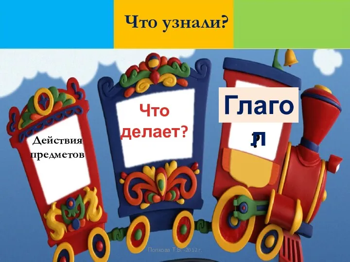 Что узнали? Что делает? Действия предметов ? Глагол Попкова Т.В. -2012 г.