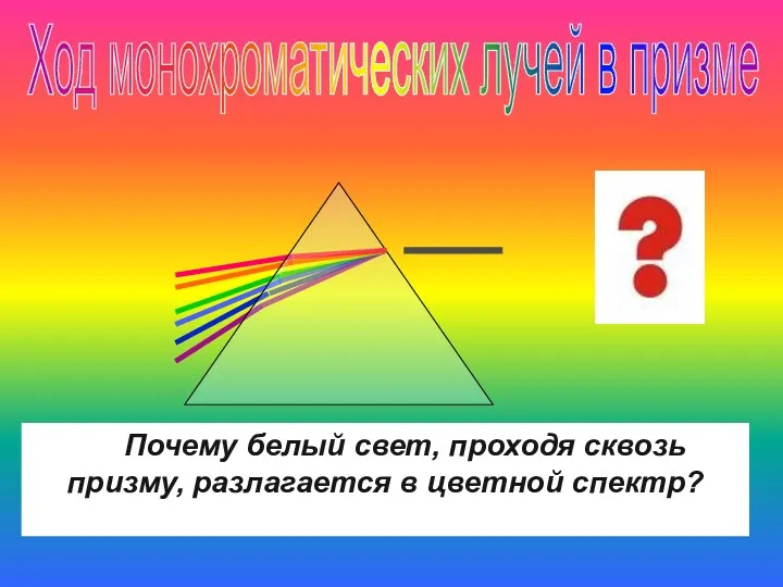 Ход монохроматических лучей в призме Почему белый свет, проходя сквозь призму, разлагается в цветной спектр?