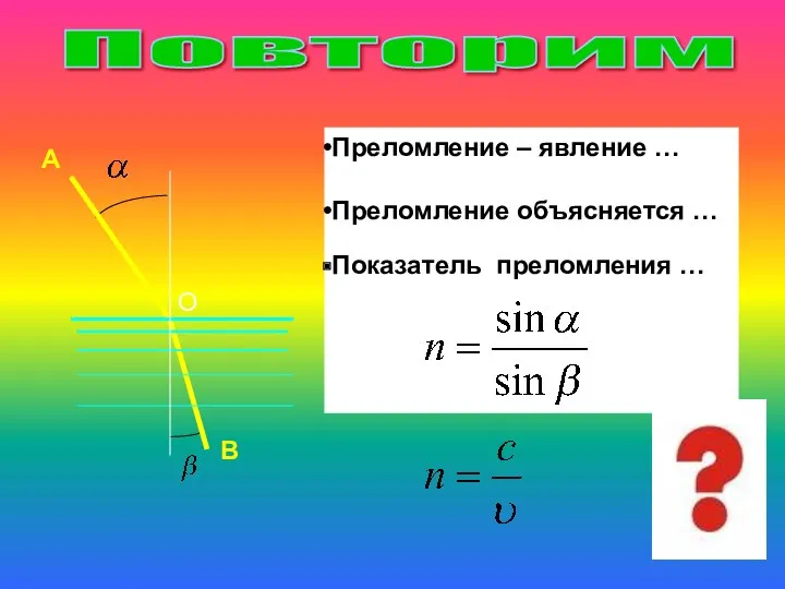 Преломление – явление … Преломление объясняется … Показатель преломления … Повторим