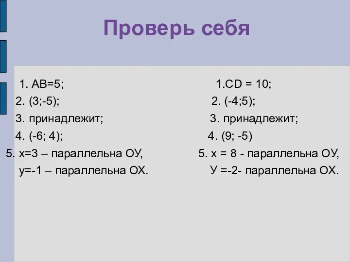 Проверь себя 1. АВ=5; 1.СD = 10; 2. (3;-5); 2.