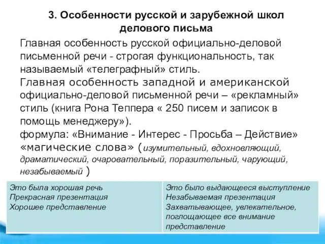 3. Особенности русской и зарубежной школ делового письма Главная особенность русской официально-деловой письменной