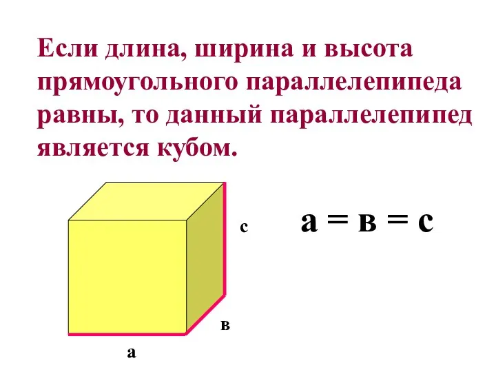 Если длина, ширина и высота прямоугольного параллелепипеда равны, то данный параллелепипед является кубом.
