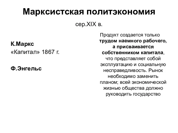 Марксистская политэкономия сер.XIX в. К.Маркс «Капитал» 1867 г. Ф.Энгельс Продукт