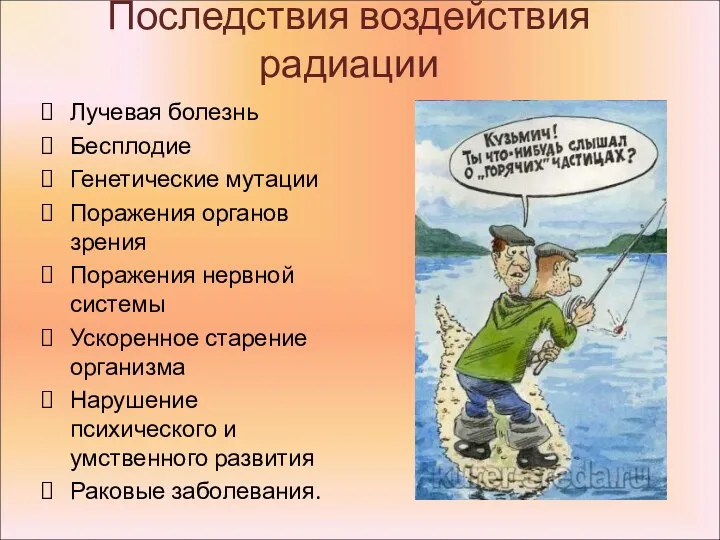 Последствия воздействия радиации Лучевая болезнь Бесплодие Генетические мутации Поражения органов