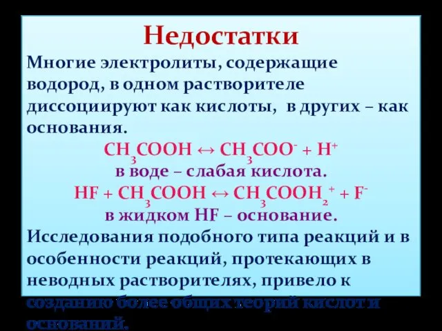 Недостатки Многие электролиты, содержащие водород, в одном растворителе диссоциируют как кислоты, в других