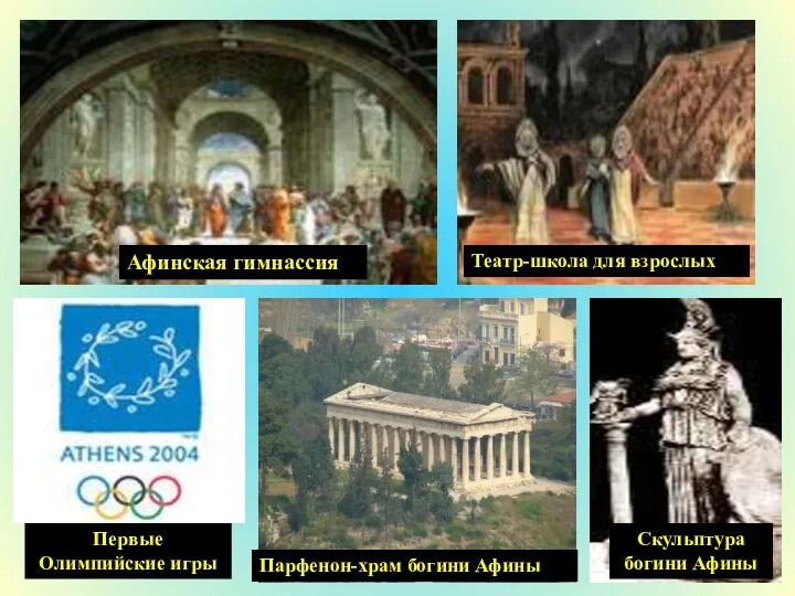 Афинская гимнассия Театр-школа для взрослых Первые Олимпийские игры Парфенон-храм богини Афины Скульптура богини Афины