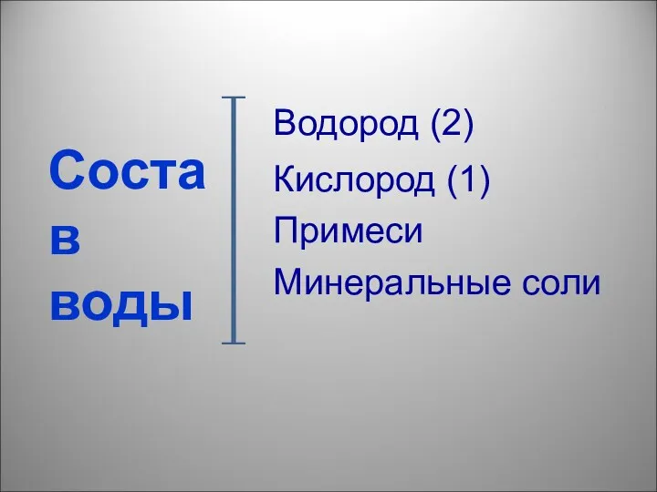 Состав воды Водород (2) Кислород (1) Примеси Минеральные соли