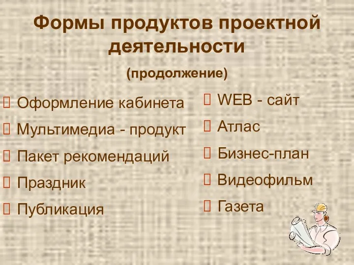 Формы продуктов проектной деятельности (продолжение) WEB - сайт Атлас Бизнес-план