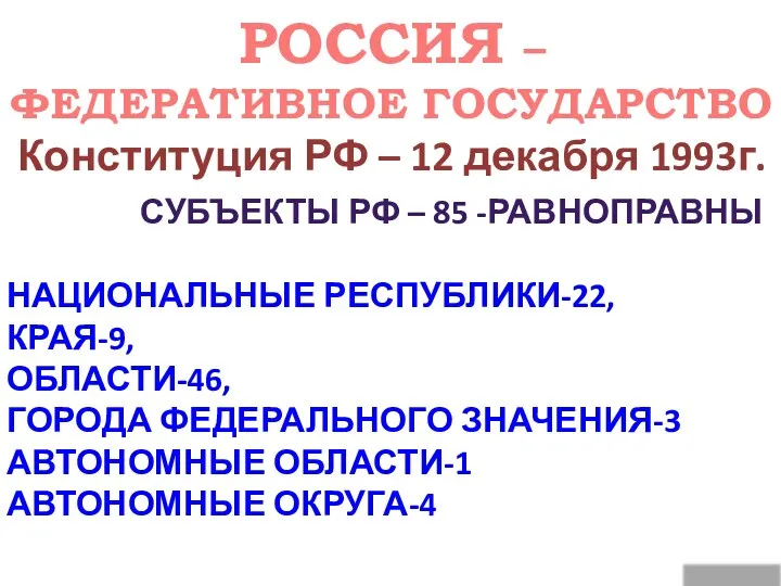 РОССИЯ – ФЕДЕРАТИВНОЕ ГОСУДАРСТВО Конституция РФ – 12 декабря 1993г.