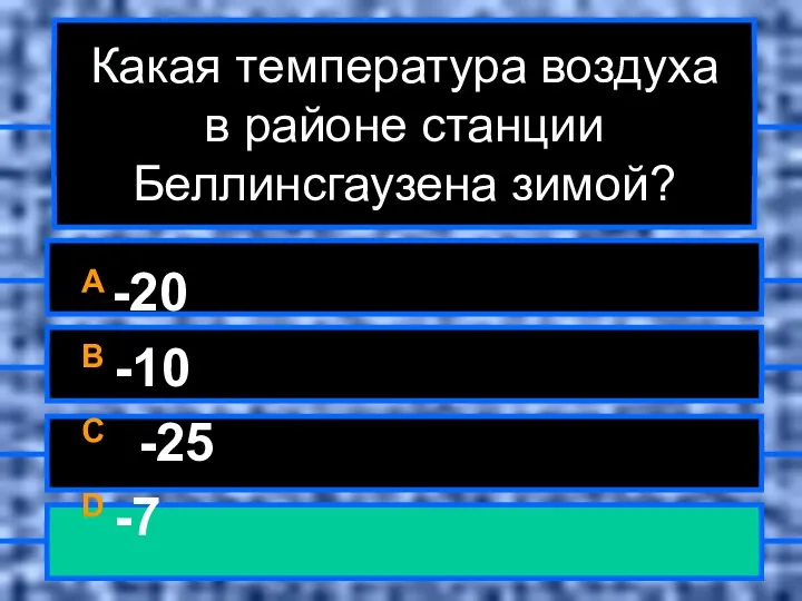 Какая температура воздуха в районе станции Беллинсгаузена зимой? A -20 B -10 C -25 D -7