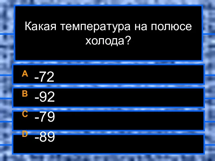 Какая температура на полюсе холода? A -72 B -92 C -79 D -89