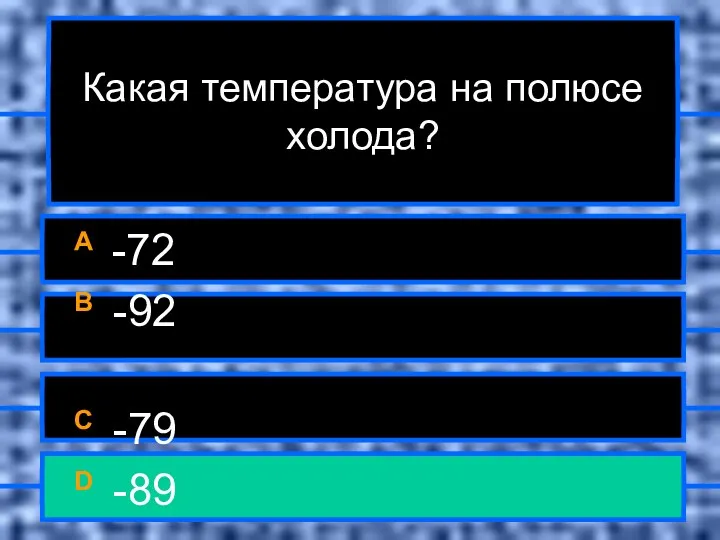 Какая температура на полюсе холода? A -72 B -92 C -79 D -89