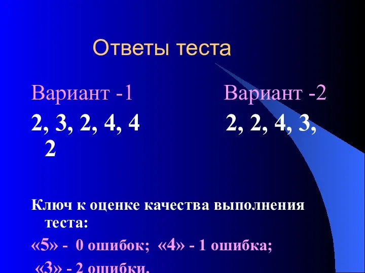 Ответы теста Вариант -1 Вариант -2 2, 3, 2, 4, 4 2, 2,