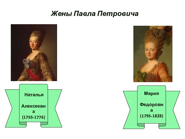 Жены Павла Петровича Наталья Алексеевна (1755-1776) Мария Федоровна (1795-1828)