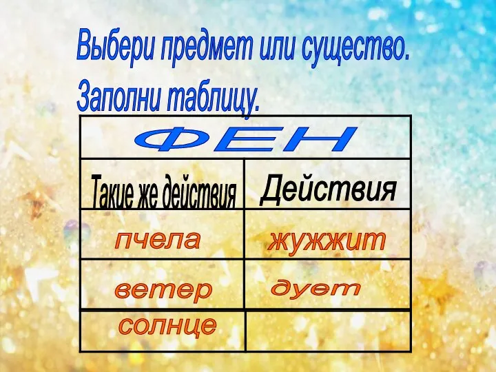 Выбери предмет или существо. Заполни таблицу. Такие же действия Действия пчела ФЕН жужжит ветер дует солнце