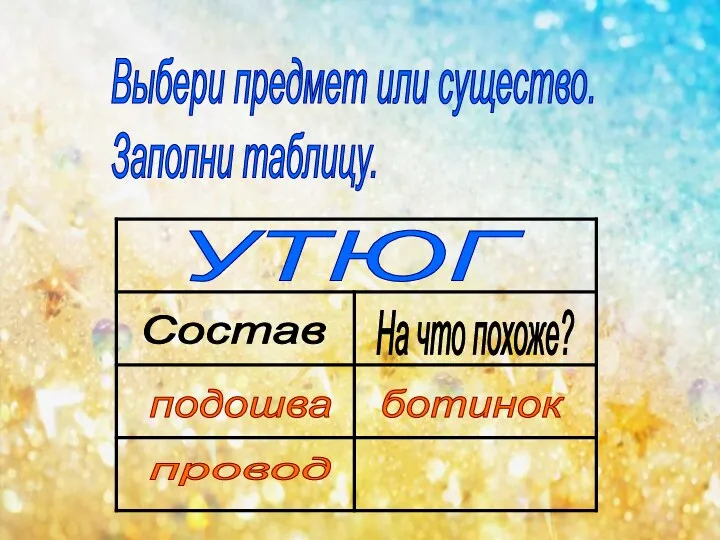 Выбери предмет или существо. Заполни таблицу. УТЮГ Состав На что похоже? подошва ботинок провод