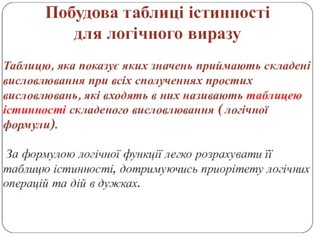 Побудова таблиці істинності для логічного виразу Таблицю, яка показує яких