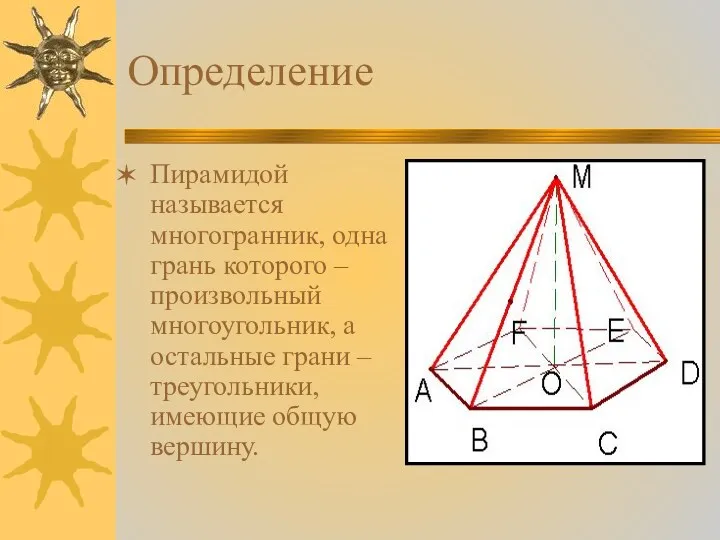 Определение Пирамидой называется многогранник, одна грань которого – произвольный многоугольник, а остальные грани