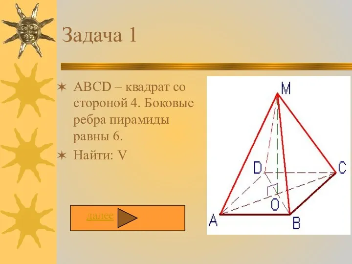 Задача 1 ABCD – квадрат со стороной 4. Боковые ребра пирамиды равны 6. Найти: V далее