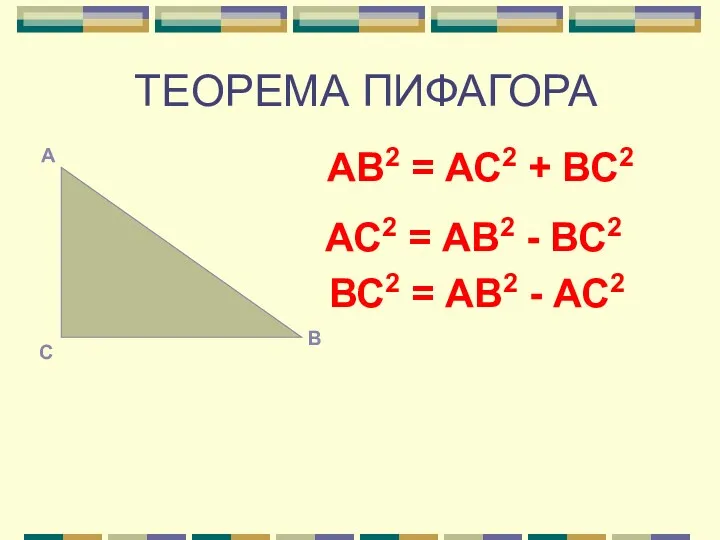 ТЕОРЕМА ПИФАГОРА АВ2 = АС2 + ВС2 АС2 = АВ2 - ВС2 ВС2