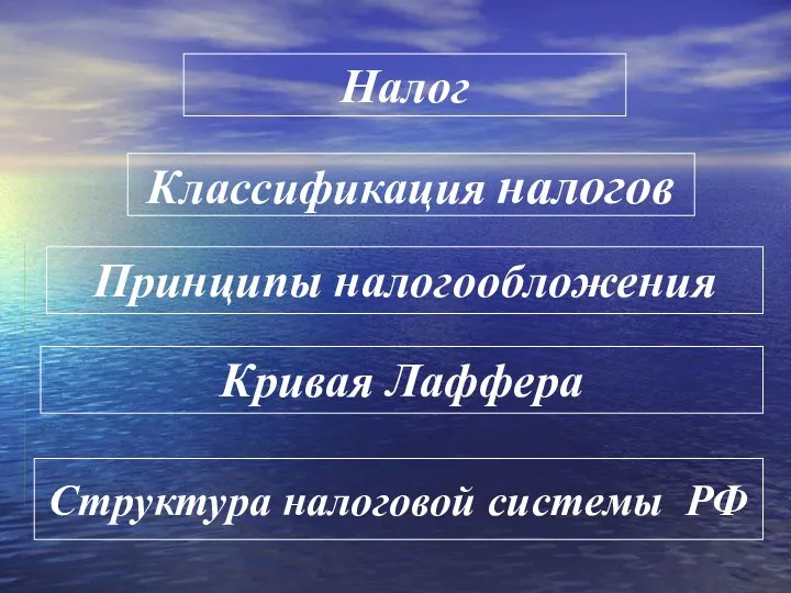 Налог Классификация налогов Структура налоговой системы РФ Принципы налогообложения Кривая Лаффера