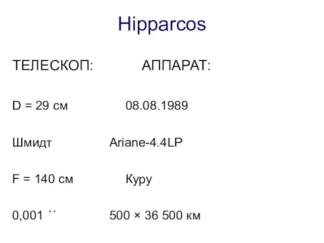 Hipparcos ТЕЛЕСКОП: АППАРАТ: D = 29 см 08.08.1989 Шмидт Ariane-4.4LP