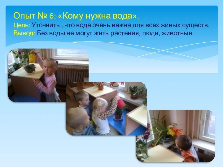 Опыт № 6: «Кому нужна вода». Цель: Уточнить , что